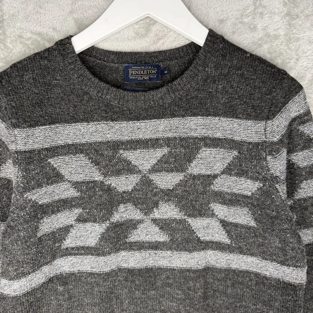 Pendleton Sweater Mens Medium Washable Wool Gray Aztec Patterned Pullover Crew